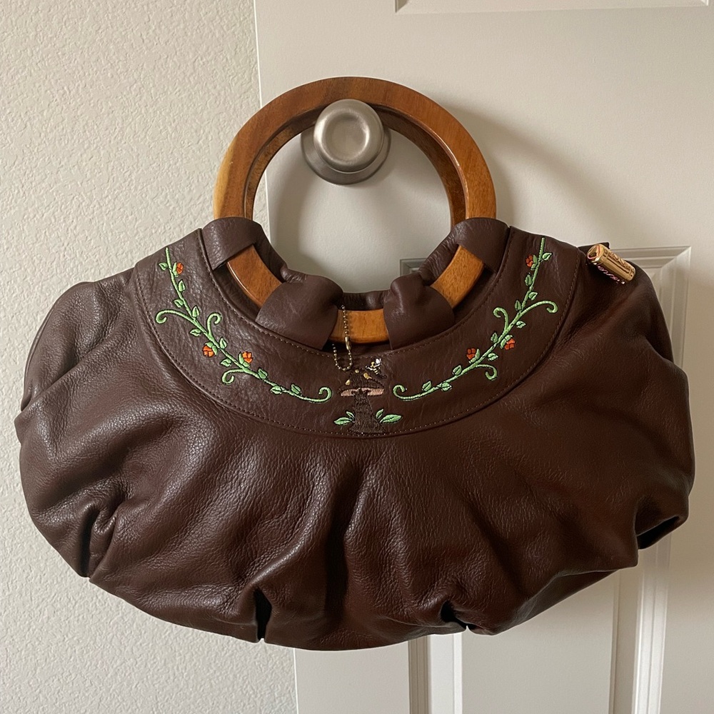 BaBee D Leather Whimsical Mushroom Embroidered Hand Bag Hobo with Wood Handles